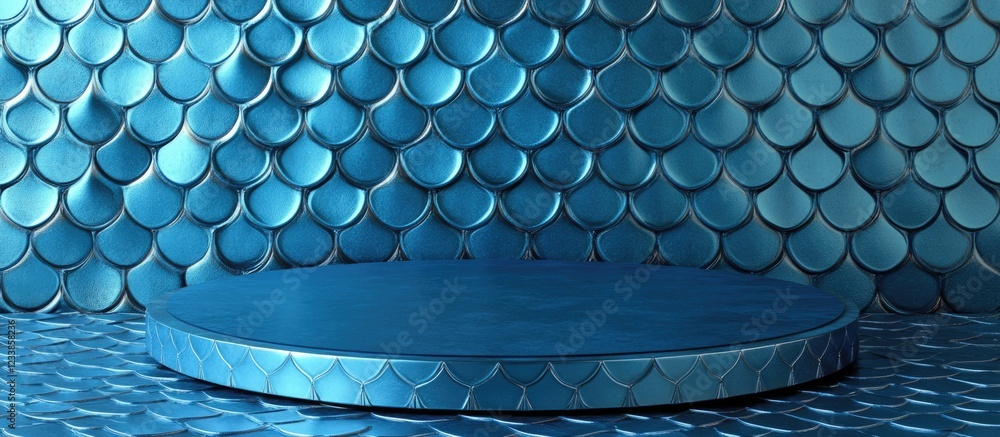 Poster Luxury cosmetic display with blue metallic triangular scales and a pedestal featuring empty copyspace for branding and text integration.