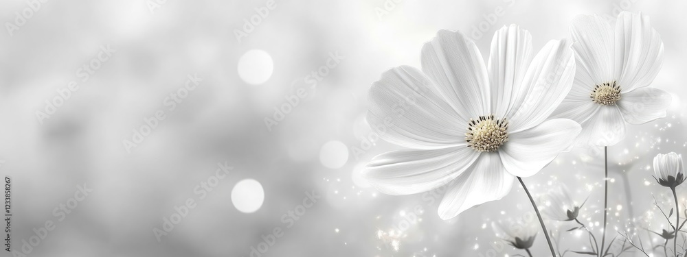 Poster delicate white cosmos flowers against a soft bokeh background featuring ample space for personalized