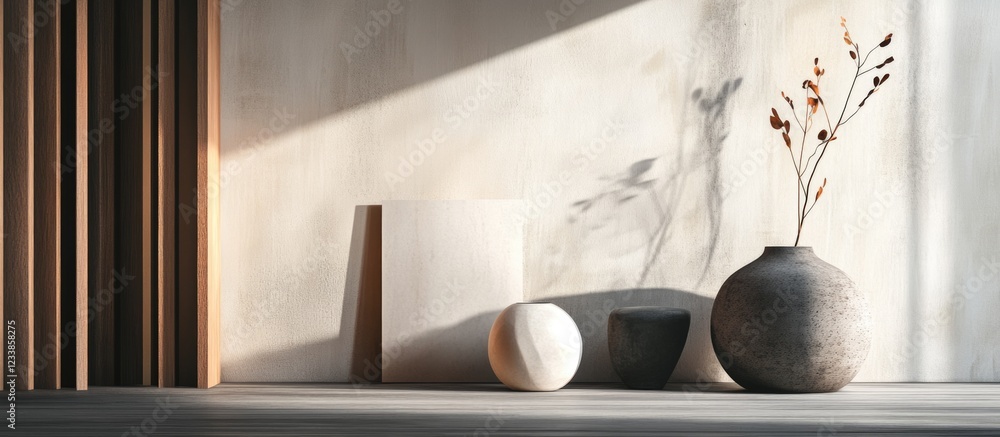 Poster modern minimalist still life with decorative objects and ample space for text on a subtle textured b