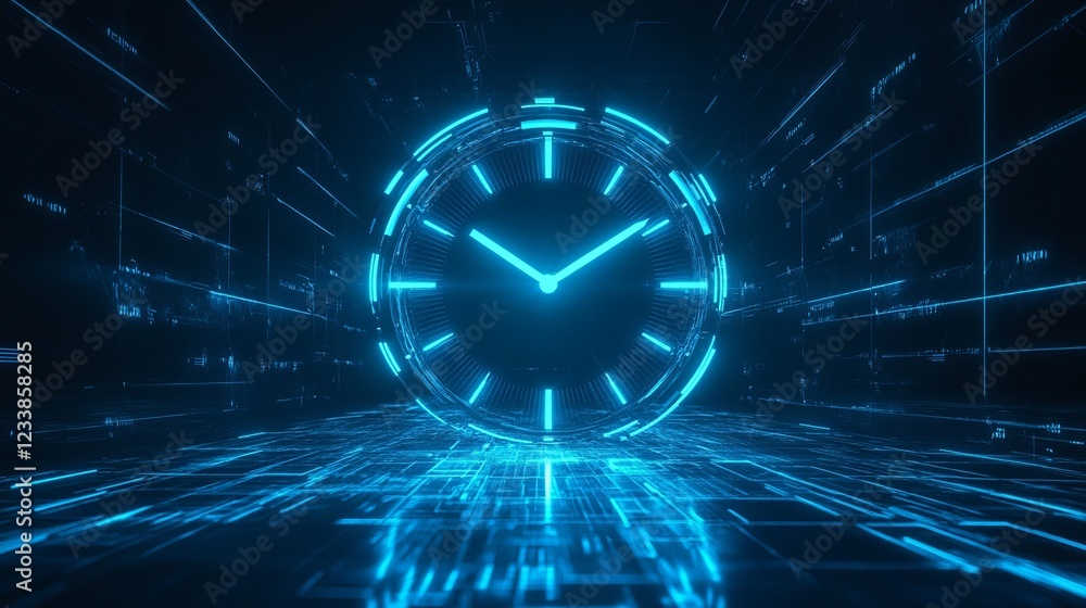 Poster a futuristic digital clock light effect. a glowing silhouette of a clock representing time. backgrou