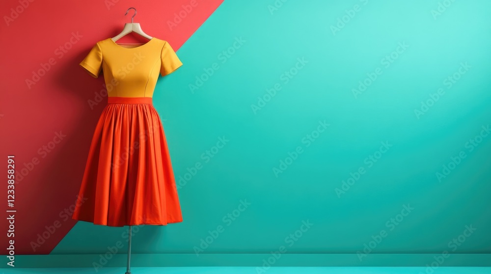 Poster vibrant retro fashion dress displayed against colorful background with empty space for custom text o