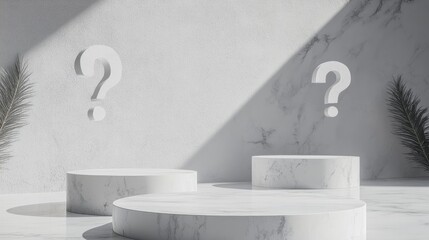 Modern minimalist studio with two empty cement podiums on a white marble base, accented by question mark symbols and soft shadows.