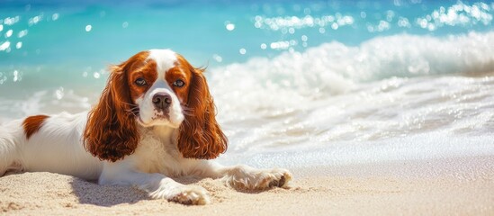 Cavalier King Charles Spaniel lounging on sandy beach with blue ocean waves and clear sky providing empty space for text or branding.