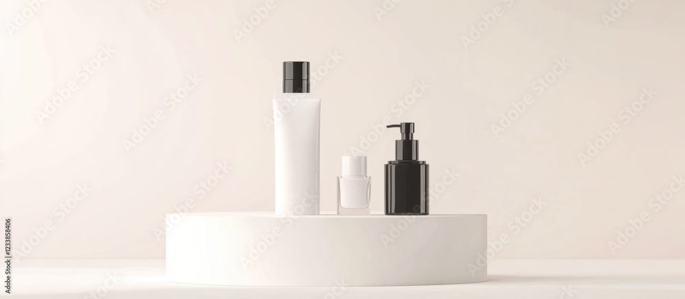 Poster minimalist white podium displaying cosmetic products on soft pastel background with ample space for 