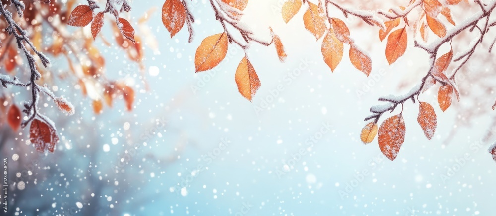 Aufkleber elegant winter scene with snow-covered leaves on trees and soft snowfall providing ample empty space