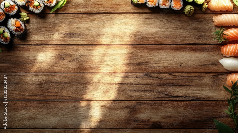 Poster sushi platter on rustic wooden table with assorted sushi and maki rolls surrounded by fresh green he