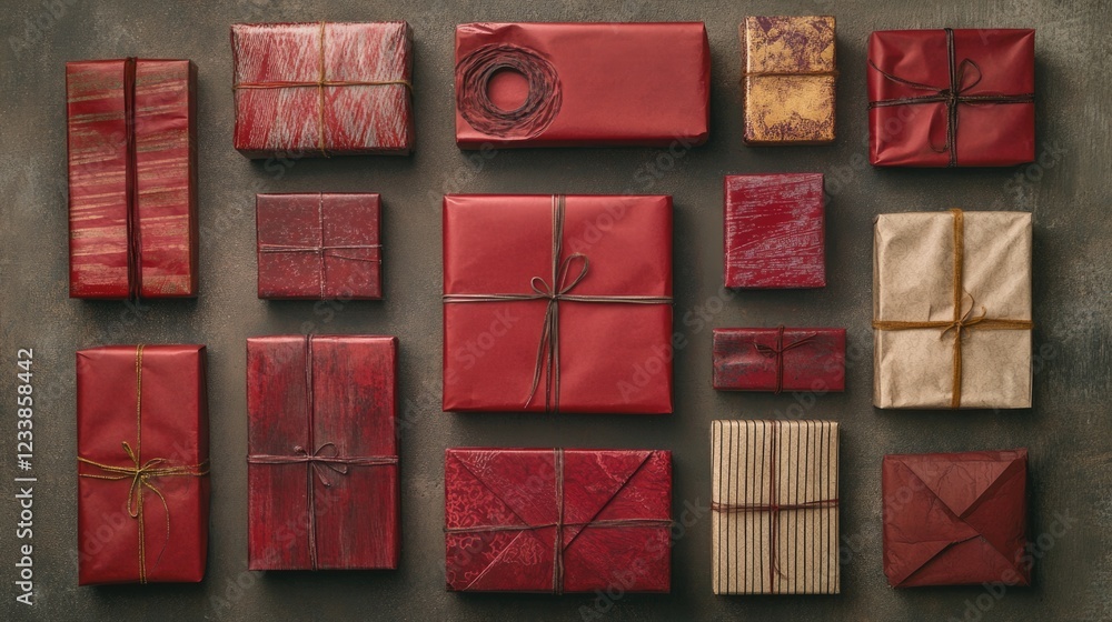 Poster Flat lay arrangement of assorted holiday gifts in red and unique wrapping papers on a textured surface with space for custom text or message