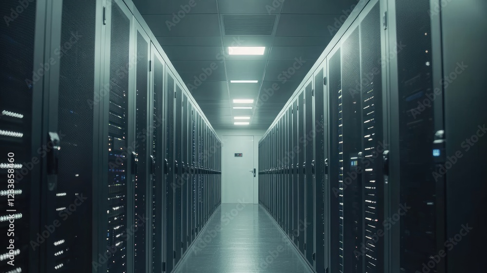 Poster Vertical shot of modern server control room showcasing AI data trends and microservers with ample copy space for text and branding purposes