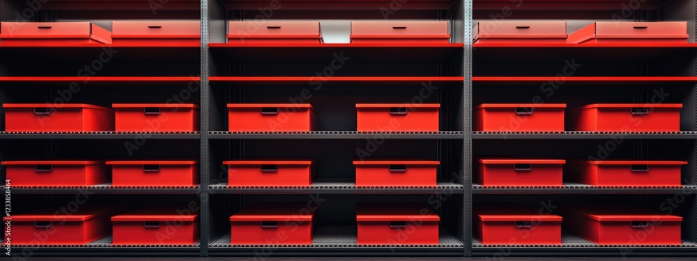 Poster warehouse storage with bright red containers organized on shelves and ample empty space for customiz