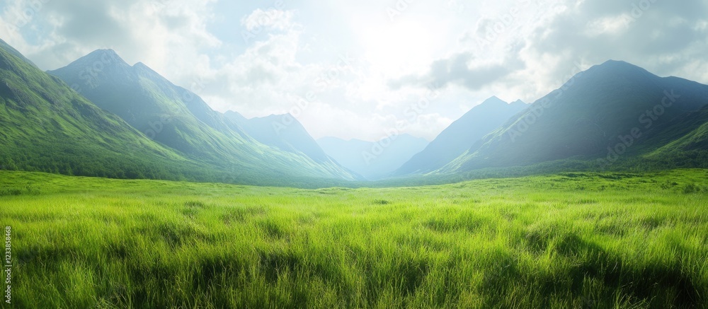 Fototapete Breathtaking mountainous landscape with vibrant green grass and ample empty space for text and content placement in natural setting