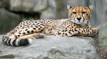 Female cheetah lounging elegantly on a large rock in its natural habitat showcasing distinctive coat patterns and relaxed demeanor.