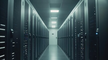 Vertical shot of modern server control room showcasing AI data trends and microservers with ample copy space for text and branding purposes