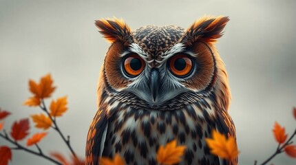 Obraz premium Close-up of an owl with orange eyes among autumn leaves, Educational materials, Biology, Ornithology, Wildlife protection, Infographics, wildlife, zoo, tourism, children's book,