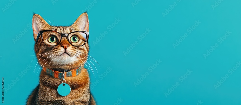 Poster cat in glasses and badge against vibrant blue backdrop with ample empty space for text, perfect for 