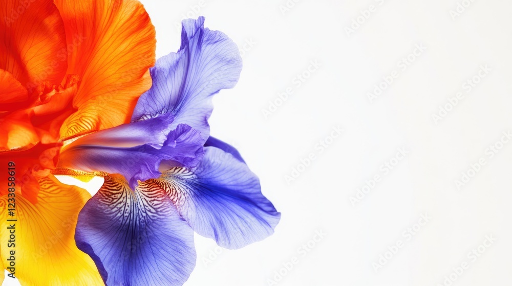 Poster Vibrant close-up of a colorful iris flower with a soft background offering ample copy space for text or promotional content.