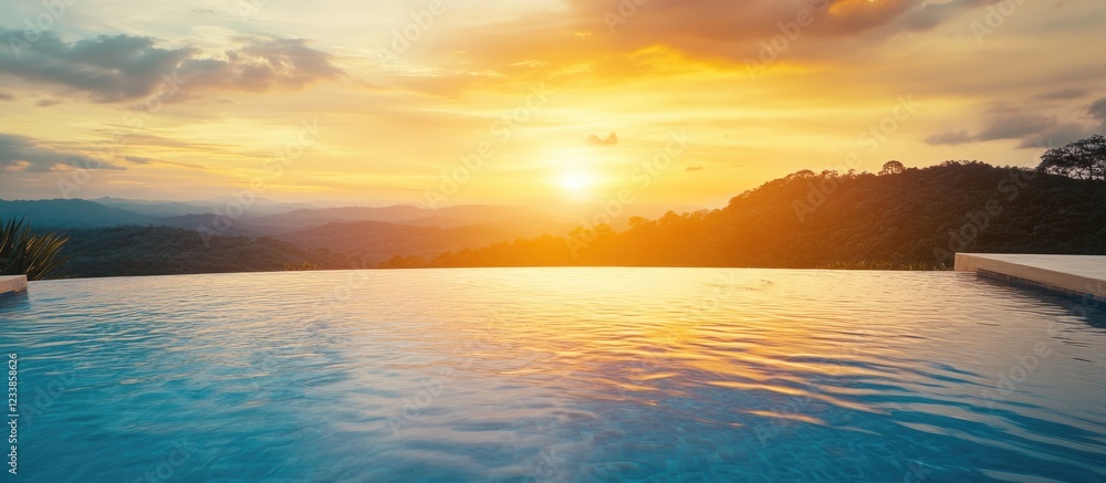 Poster luxury infinity pool at sunset with expansive view and blank space for custom text in upscale proper