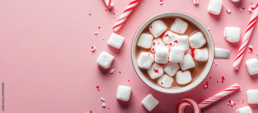 Poster Creamy marshmallows and peppermint candy canes on a minimalist winter background with hot cocoa and empty space for festive themes