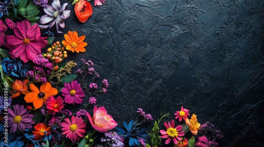 Poster colorful floral bouquet arrangement on dark textured background with ample copy space for text or gr