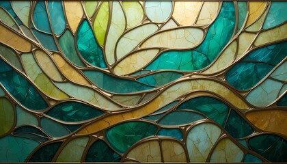 Teal, green, and gold stained glass abstract design.