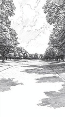black and white sketch of classic golf course landscape, featuring trees and serene sky