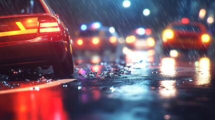 Traffic accident scene featuring blurred emergency vehicle lights with a rainy atmosphere and empty copyspace for text or messaging
