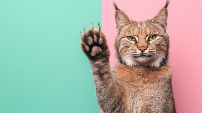 Lynx raising paw with extended claws against colorful green and pink background showcasing its fierce yet playful demeanor.