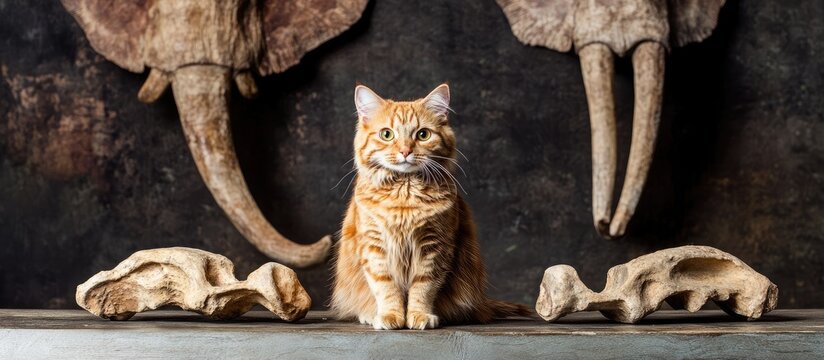 Cat posed in front of three mammoth bones with an empty space for text creating a unique contrast between modern pet and ancient artifacts