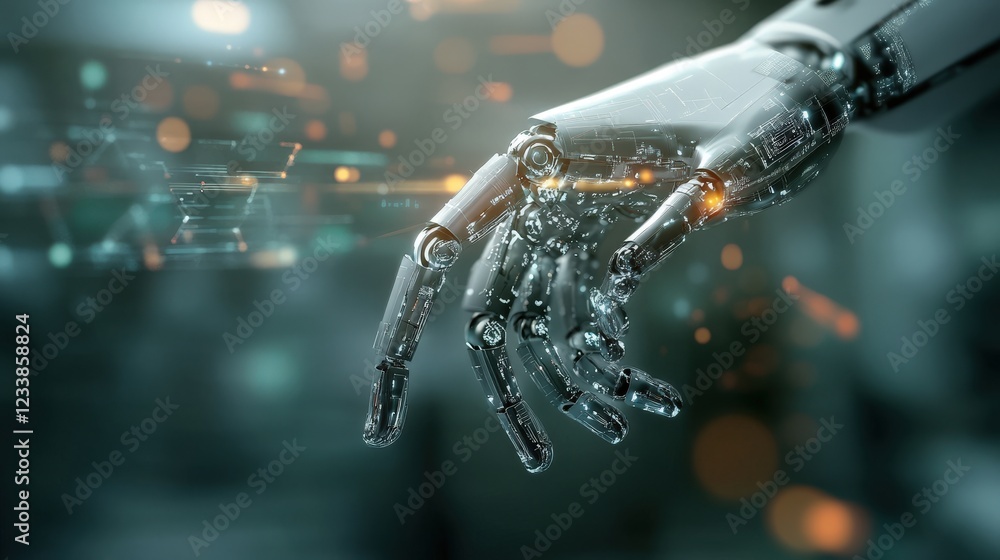 Poster futuristic robotic hand reaching out with digital background