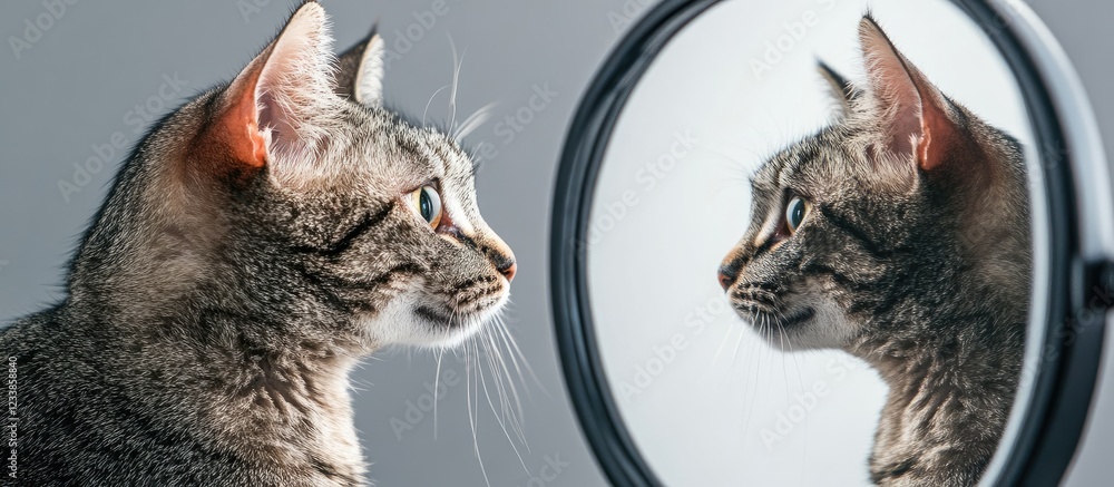 Aufkleber cat admiring its reflection in a mirror with empty space for text in a minimalist setting
