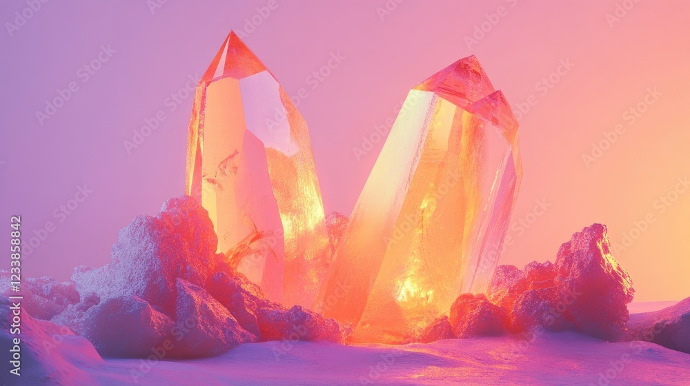 Aufkleber crystal lava formations radiating warm light against a soft pastel background creating a serene and 