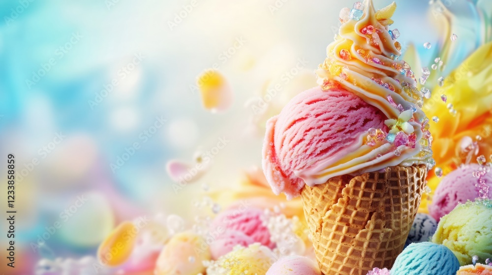 Poster colorful ice cream cone with toppings in bright whimsical setting ideal for summer promotions and te