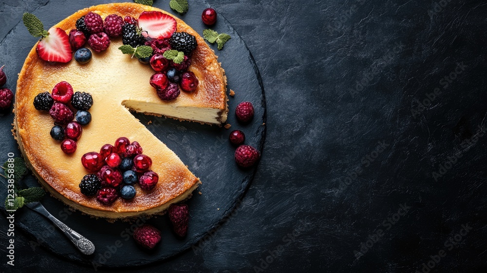 Poster delicious basque cheesecake topped with fresh berries and mint leaves on a dark textured background 