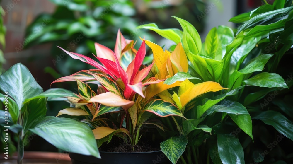 Aufkleber vibrant collection of exotic houseplants in lush indoor setting with space for text overview