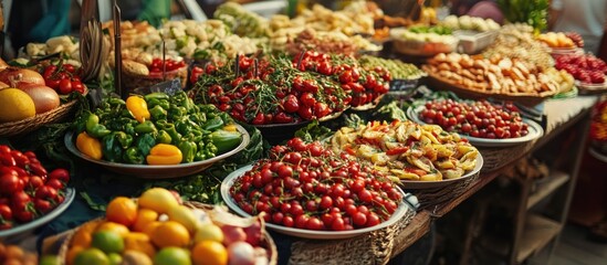 Obraz premium Vibrant Food Market Featuring Diverse Cuisines Fresh Fruits and Vegetables with Stalls Showcasing Cultural Culinary Skills