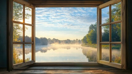 Scenic morning river view through an open window with misty landscape and soft light illuminating nature outside.