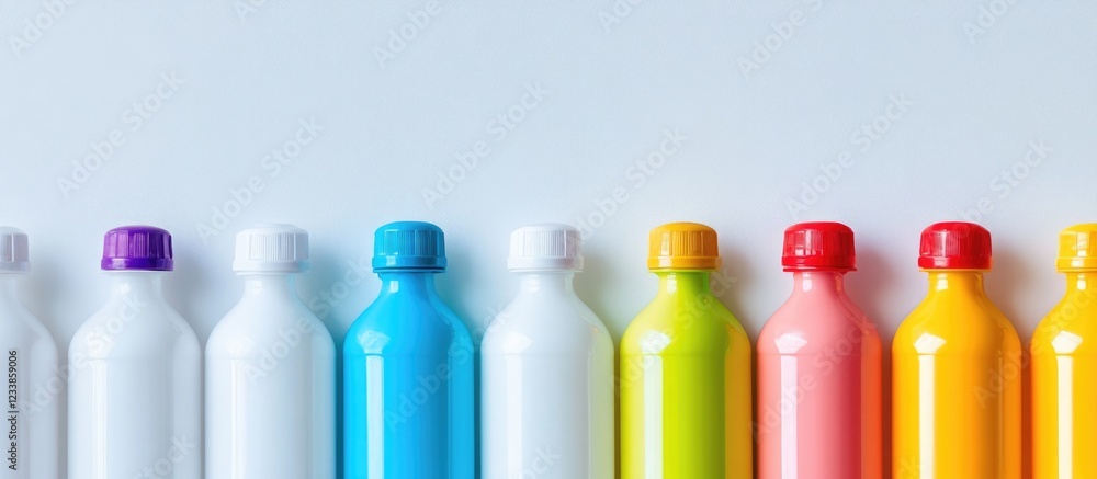 Poster white plastic bottles with colorful caps arranged in rows on a minimalistic background with ample em