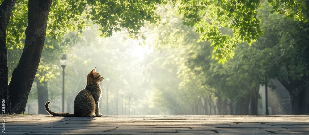 Poster serene cat observing nature on pavement with soft light and surrounding trees perfect for text overl