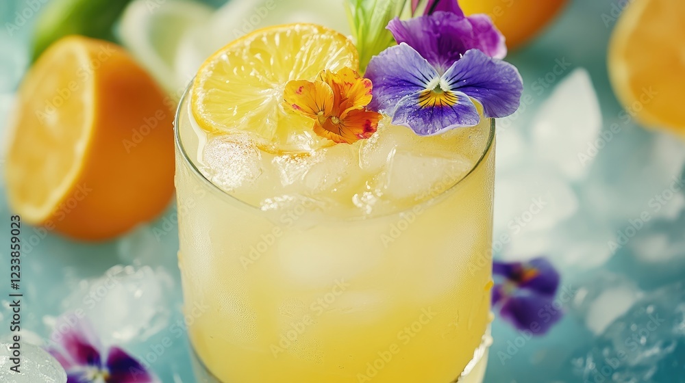 Poster vibrant citrus mocktail with ice garnished with edible flowers and fresh fruit slices on a colorful 