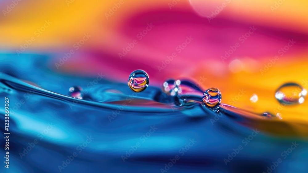 Poster Colorful Water Droplets on a Vibrant Colorful Background with Empty Copyspace for Text in Close Up Macro Photography
