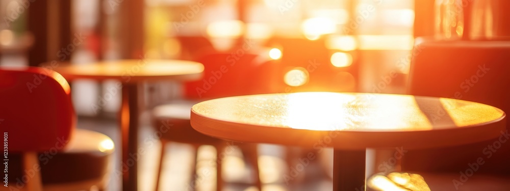 Poster warm sunlight filtering through a cafe ambiance creating a soft red abstract background with empty s
