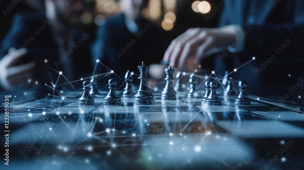 Poster strategic chess game with connected digital network overlay