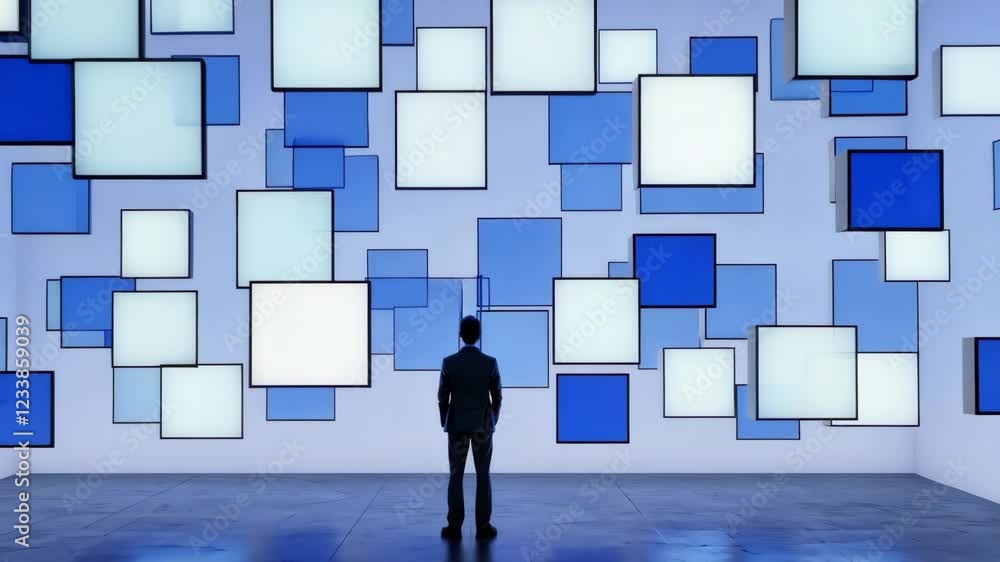 Poster man in modern room with wall of illuminated blue and white squares creating futuristic and abstract 