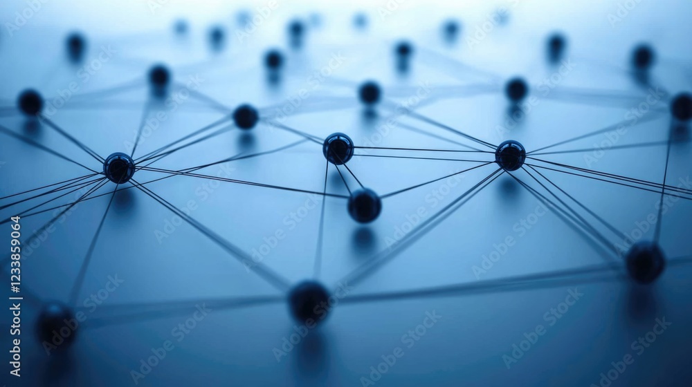 Poster Digital communication network visualization with interconnected nodes and cables on a blue background for technology and data transmission concepts