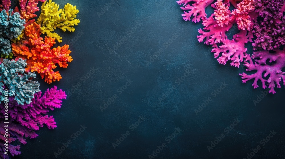 Poster Vibrant Colorful Coral Composition on Dark Surface with Empty Space for Text and Graphic Design Elements