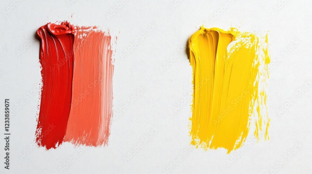 Poster two contrasting paint swatches in orange and yellow on a blank white background showcasing color var