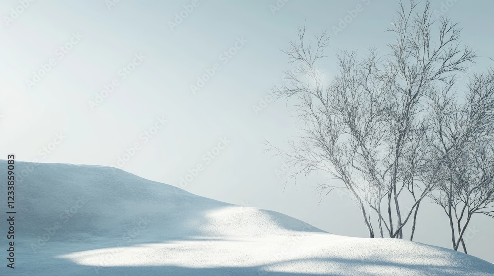 Poster serene winter landscape at dusk with bare trees and soft snow blankets providing ample space for tex