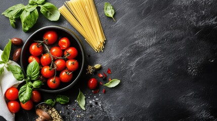 Whole wheat spaghetti with fresh ingredients cherry tomatoes olives and basil arranged beautifully on a dark stone background