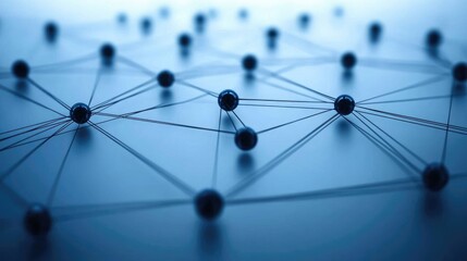 Digital communication network visualization with interconnected nodes and cables on a blue background for technology and data transmission concepts