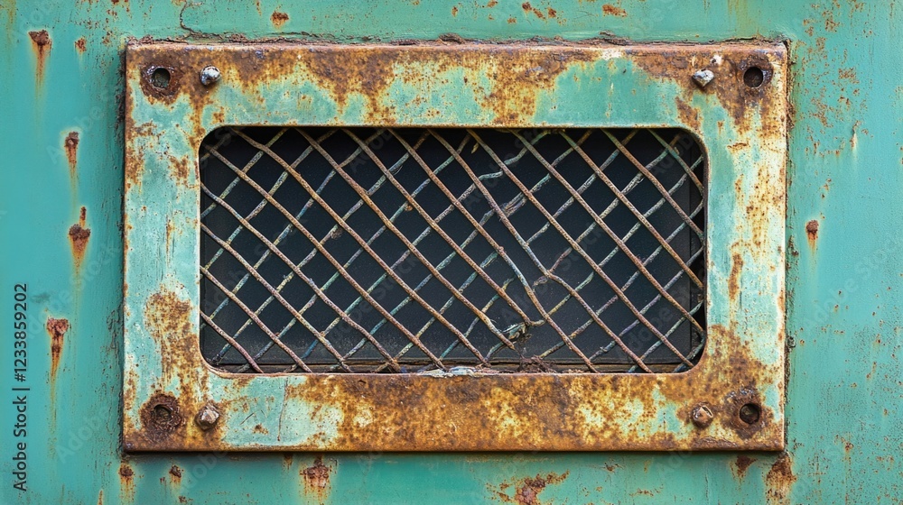 Poster rusty window pane with metal frame showcasing peeling paint and intricate wire mesh on weathered sur