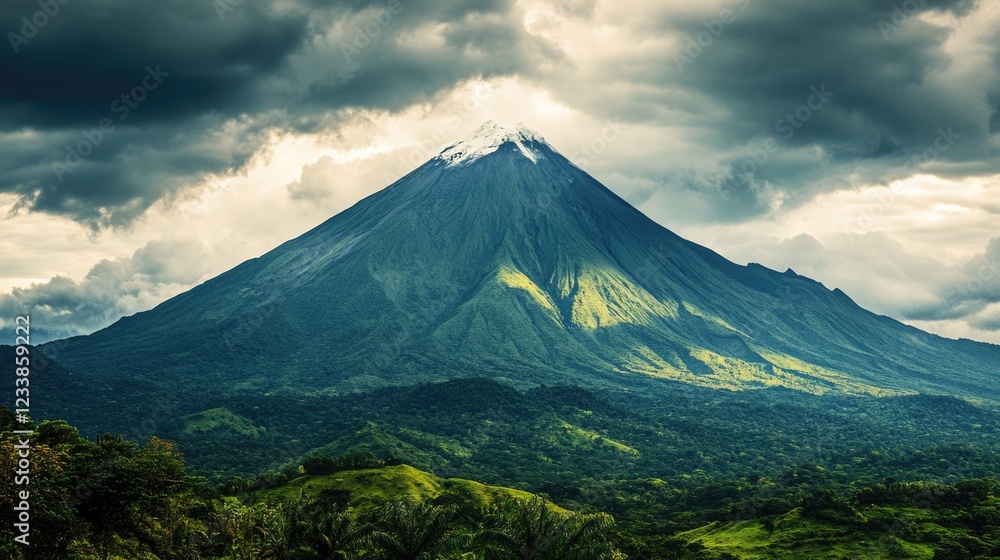 Poster dramatic mountain landscape with lush greenery and snow-capped peak under cloudy skies perfect for t